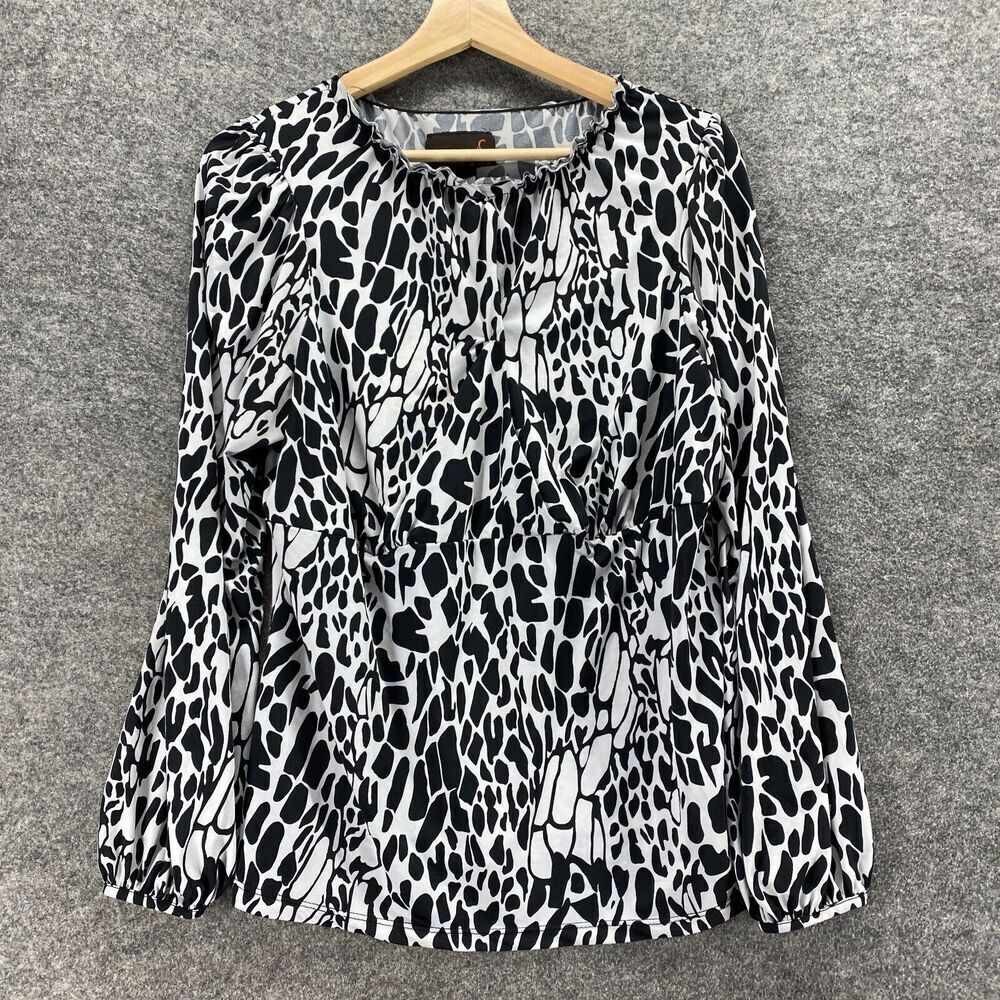 Ashley Stewart Blouse Women 12 Black Geometric Long Sleeve Crew Neck Casual